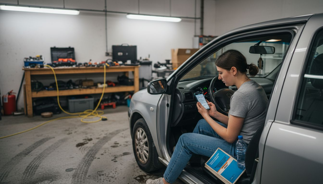 Car owner checks diagnostic report in garage