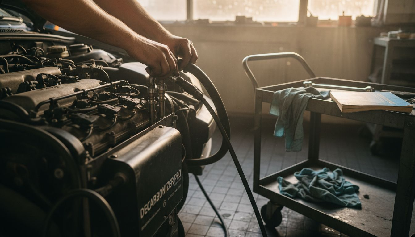 Technician connecting hoses to engine manifold