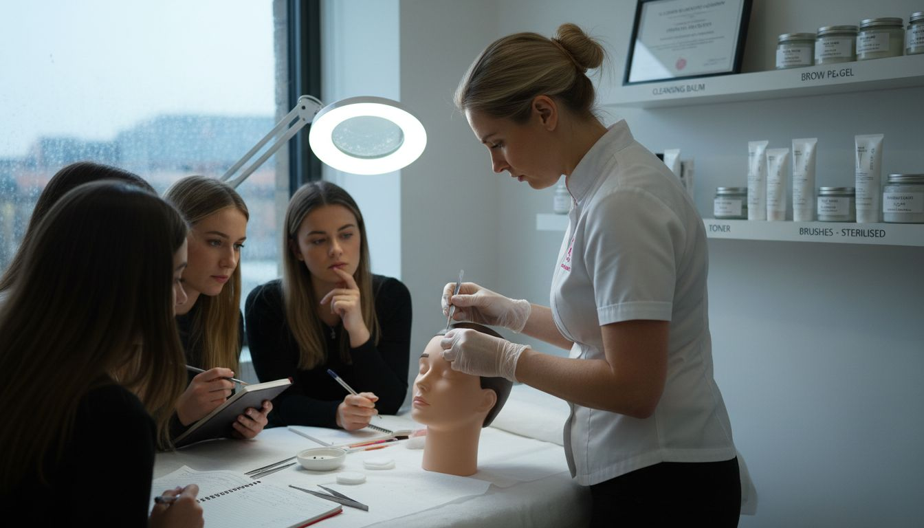 Trainer teaching eyebrow shaping to beauty students
