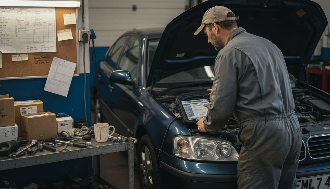 Mechanic inspects engine for warranty repair