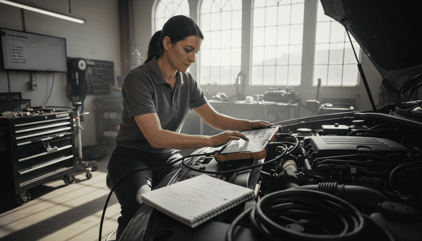 Technician running engine diagnostic on vehicle