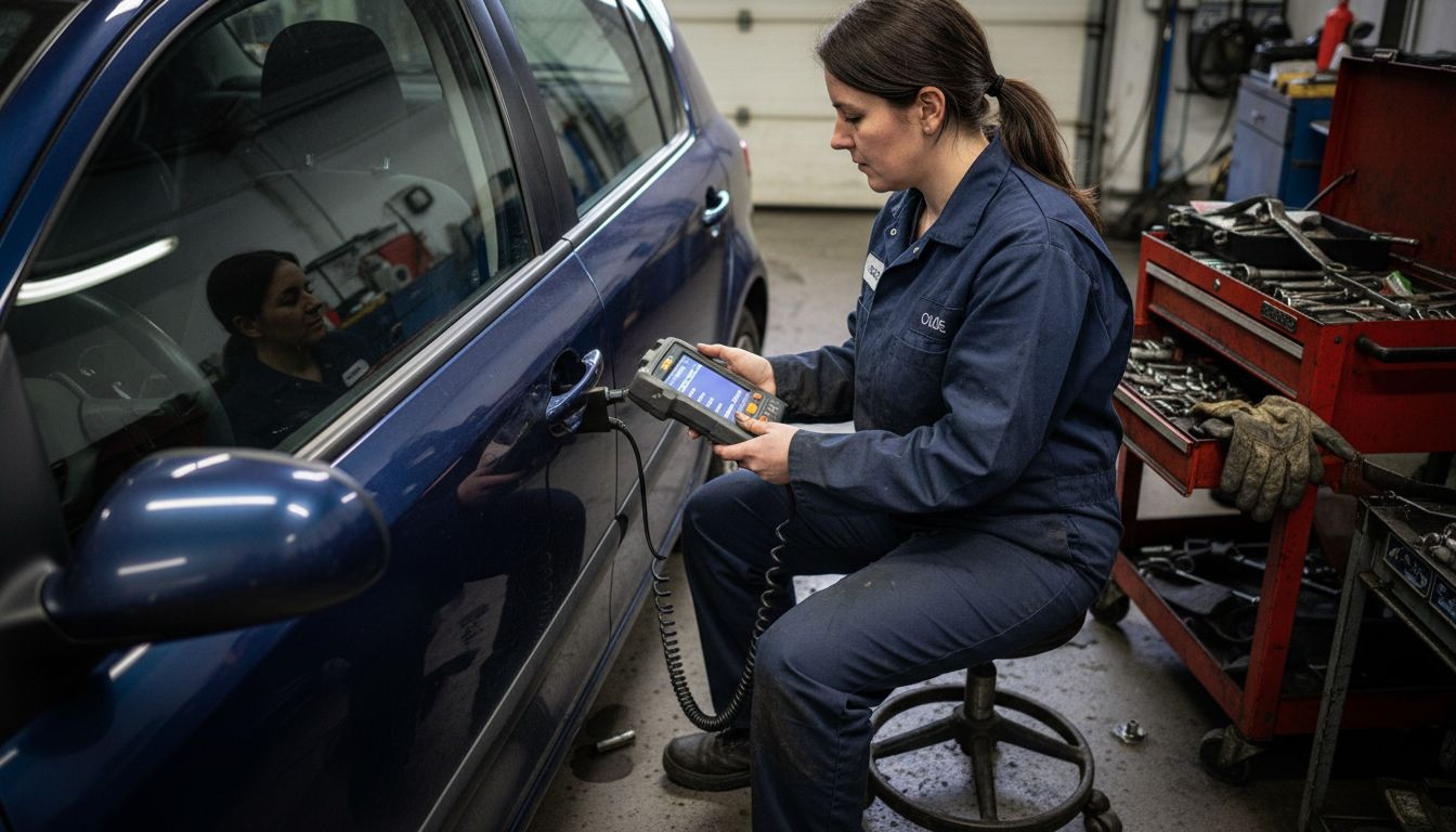 Mechanic connecting scan tool to car