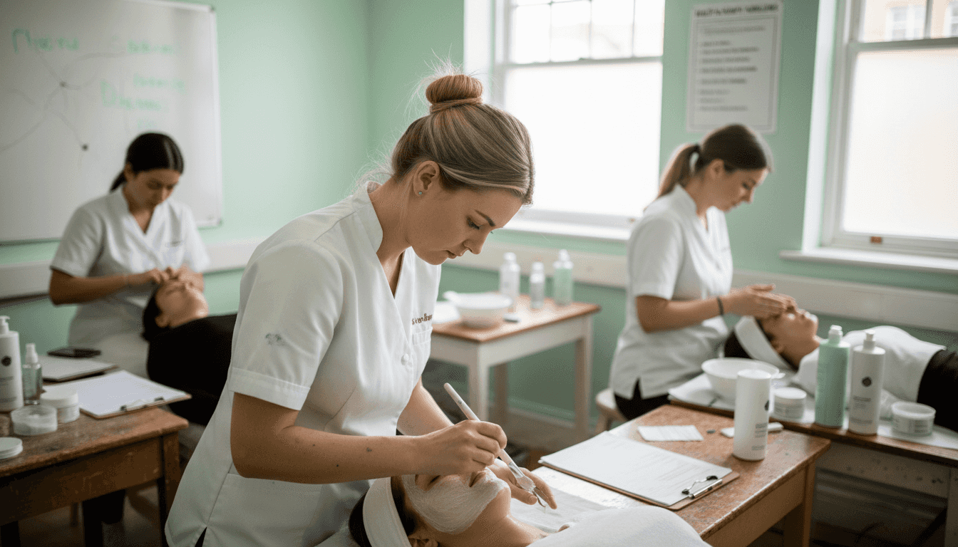 Beauty students practicing facials in training class