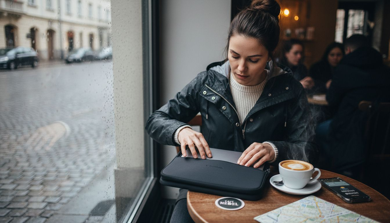 Eine Frau sitzt im Café und nutzt ihre Laptophülle als praktische Unterlage am Tisch.