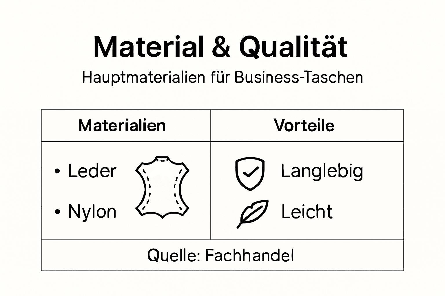 Infografik: Materialien und Vorteile der klassischen Business-Tasche