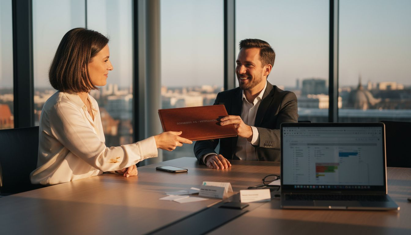 Eine Kollegin überreicht im Besprechungsraum einen Lederartikel.