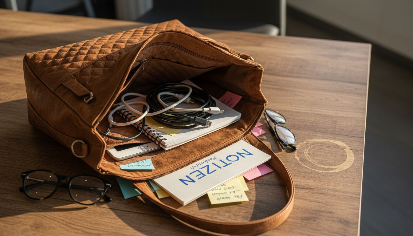 Geöffnete Aktentasche mit verschiedenen Fächern und sichtbarem Inhalt