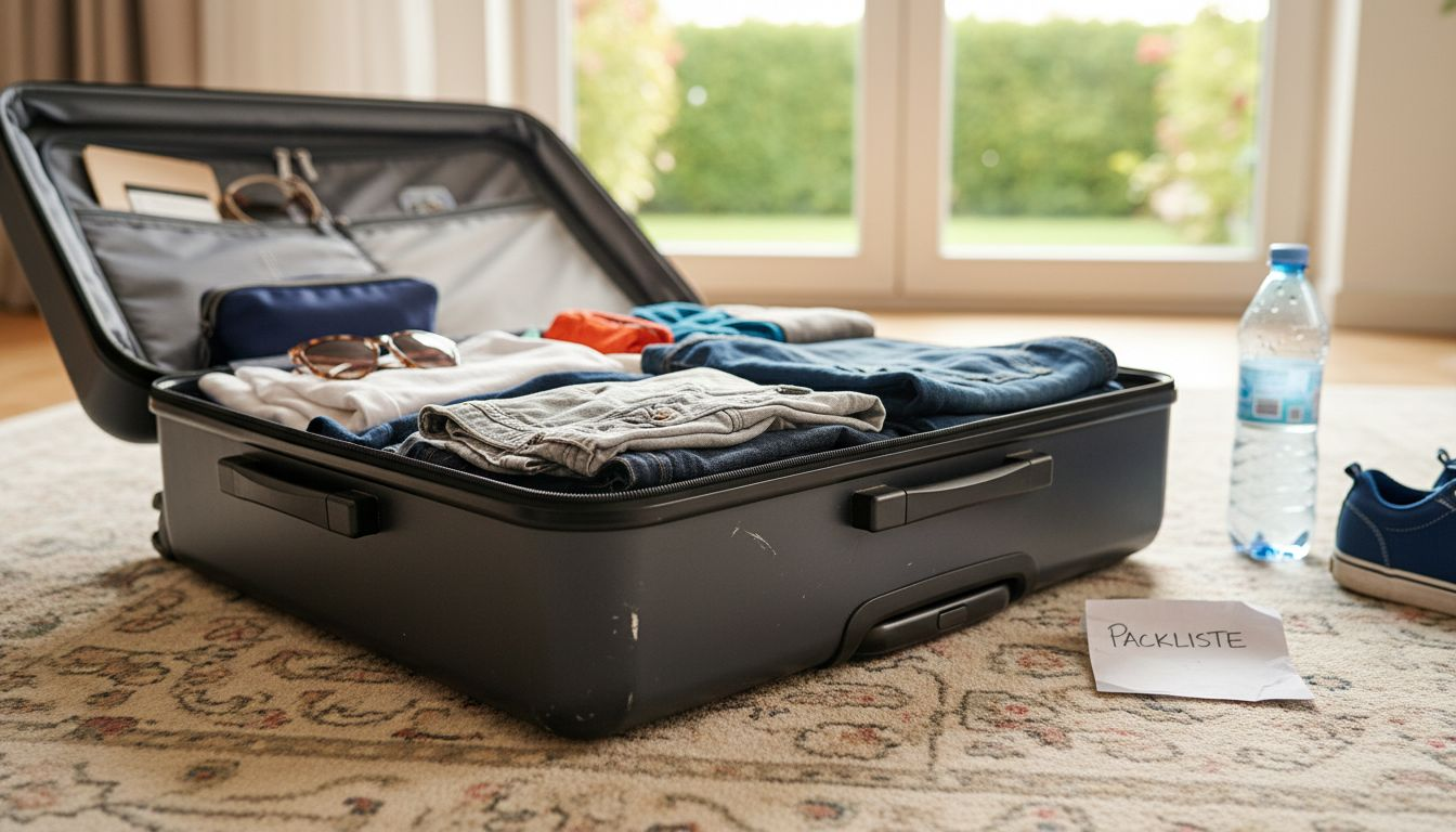 Ein geöffnetes Hartschalengepäckstück mit typischen Reiseaccessoires – bereit für das nächste Abenteuer.