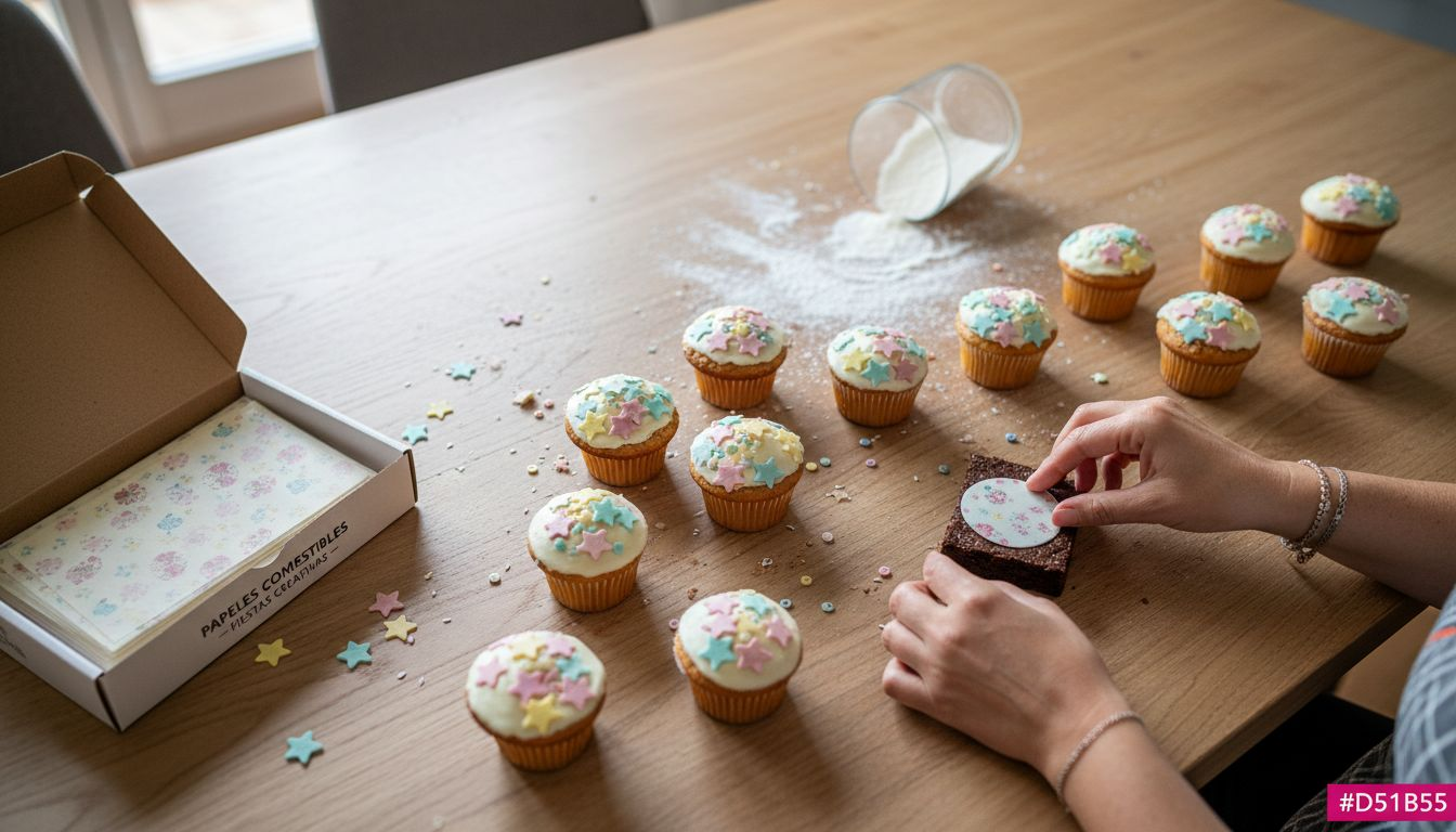 Manos colocando delicados detalles de papel comestible sobre postres