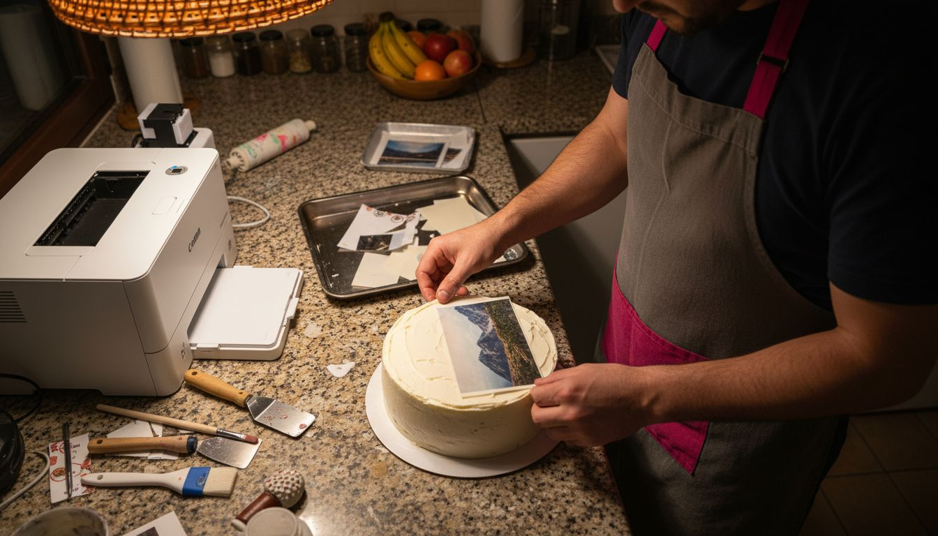 El pastelero coloca una oblea personalizada sobre el pastel