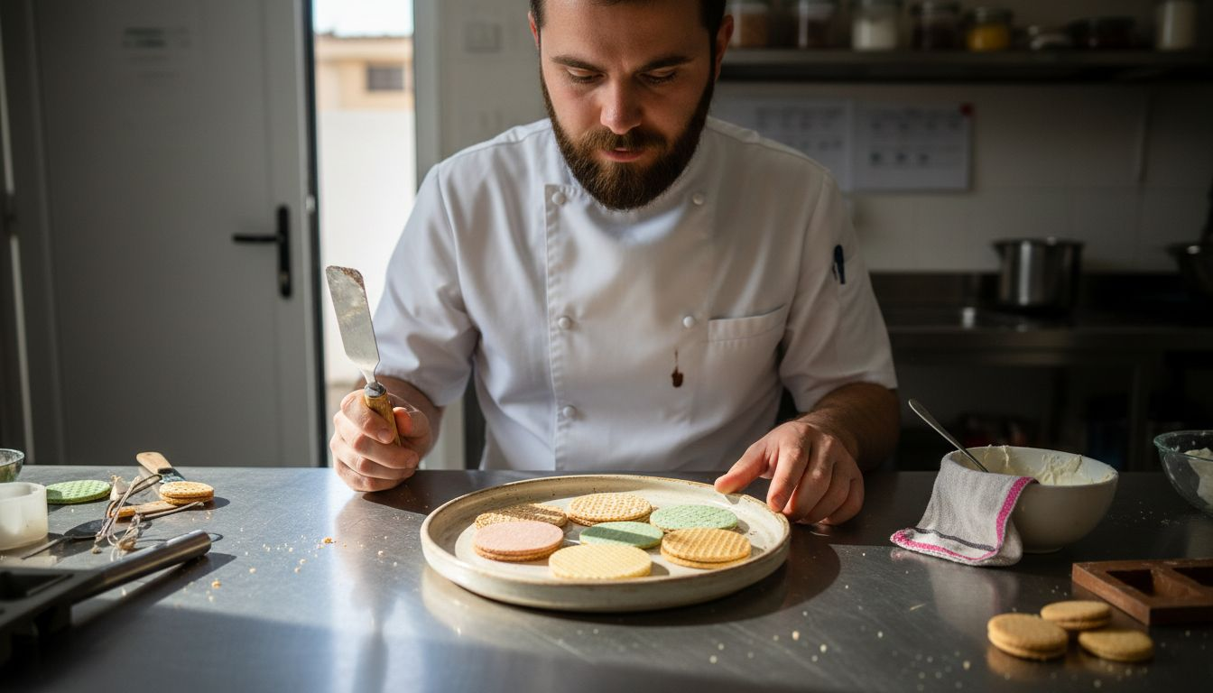 El chef revisa cuidadosamente distintas láminas de masa en la pastelería, asegurándose de que cada una tenga la textura y el aspecto perfectos.