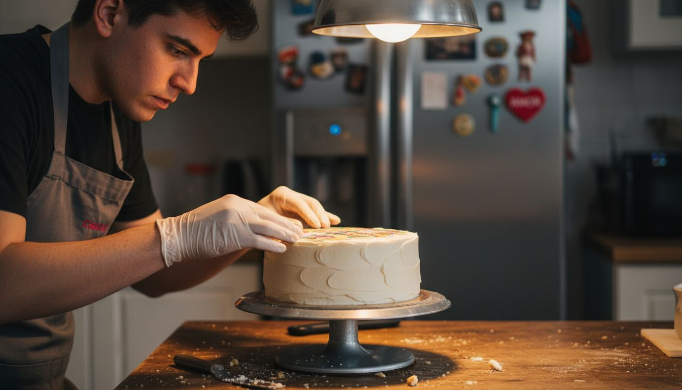 Colocando papel comestible decorativo sobre una tarta de cumpleaños