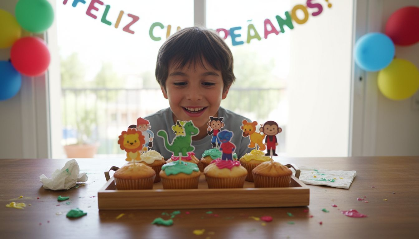 Un niño observa con ilusión los cupcakes decorados en plena fiesta de cumpleaños.