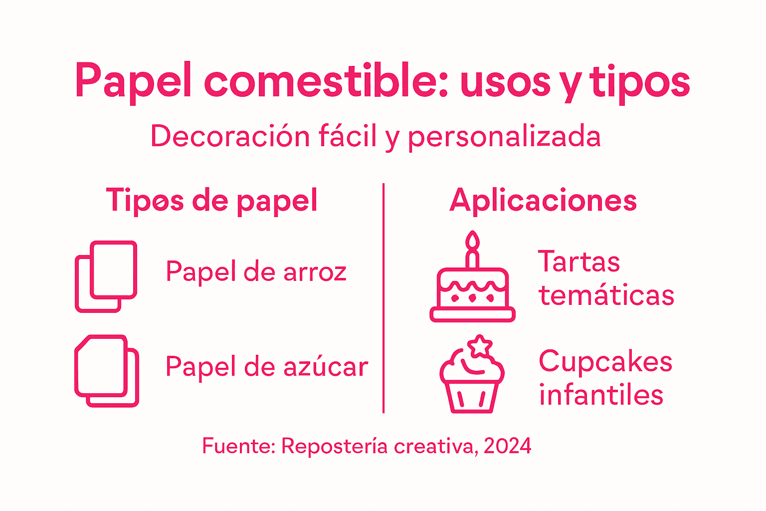 Guía visual sobre los diferentes tipos de papel comestible y sus usos en repostería
