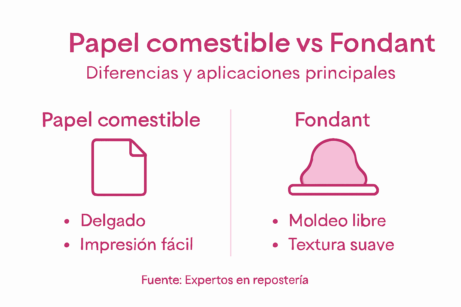 Infografía sobre las diferencias entre el papel comestible y el fondant