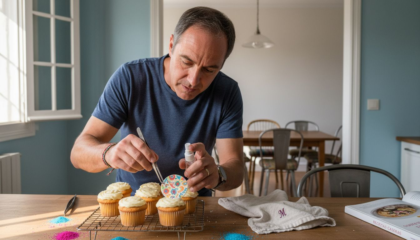 Un hombre coloca una decoración de oblea sobre un cupcake.