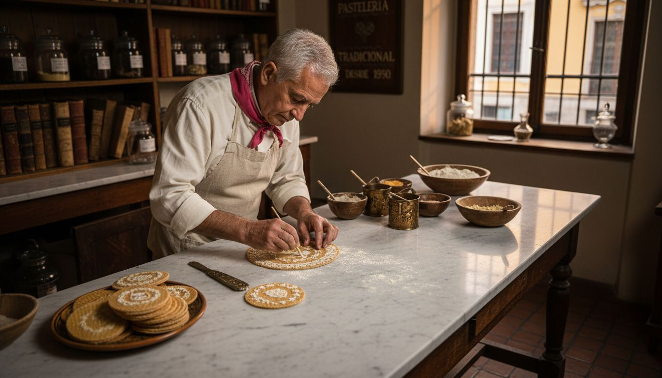 Pastelero decorando obleas cuidadosamente sobre una mesa de mármol