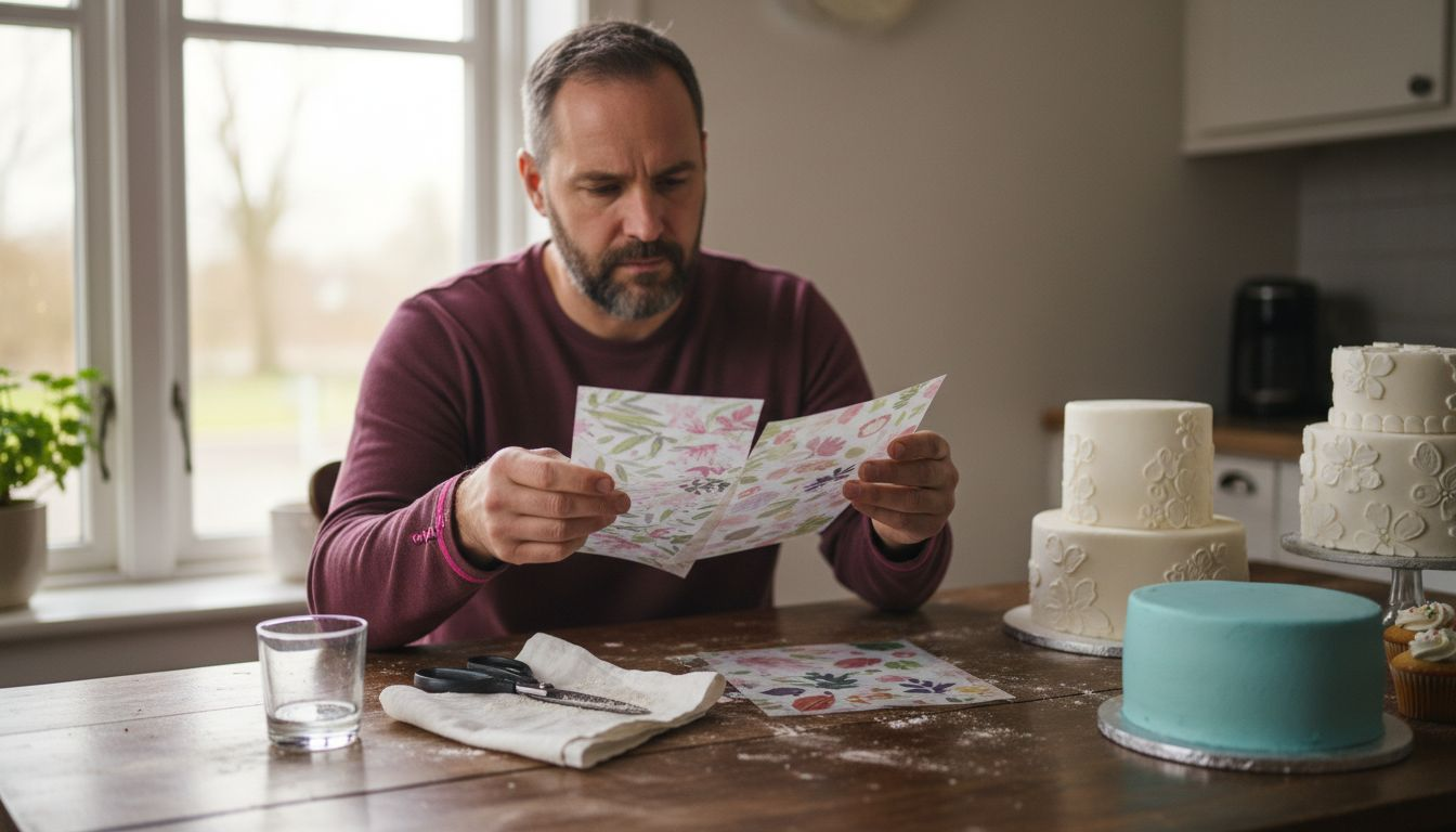 Persona analizando y comparando diferentes tipos de papel comestible