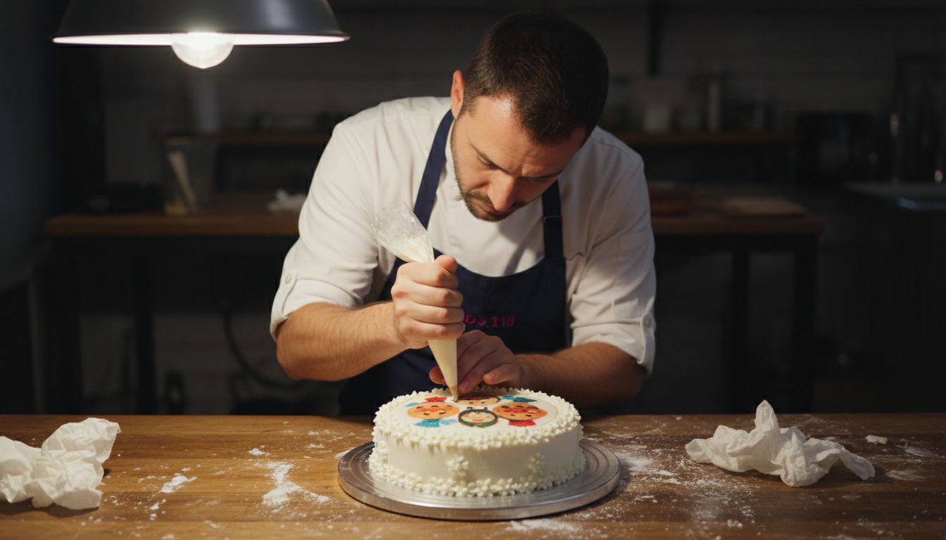 Un repostero decora un pastel infantil con glaseado