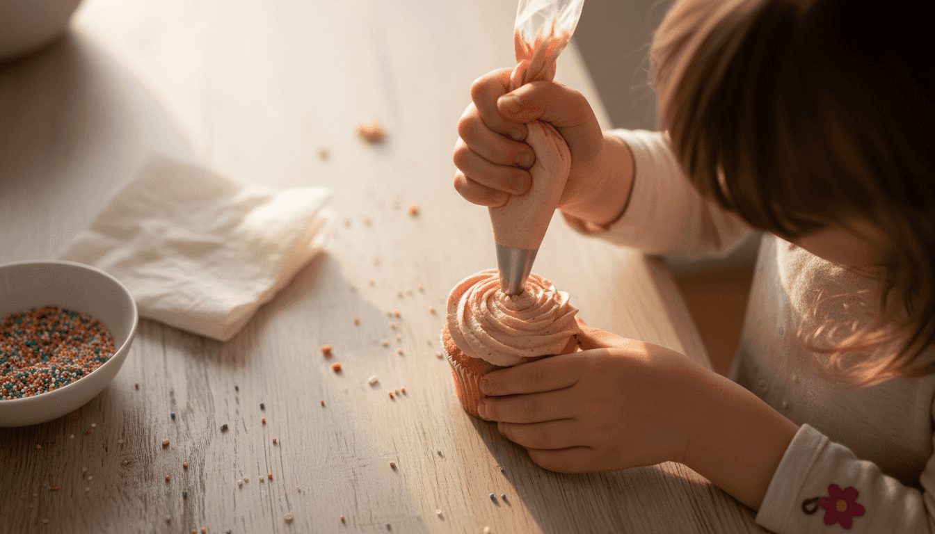Una niña decora un cupcake con mucho cuidado, añadiendo pequeños detalles.