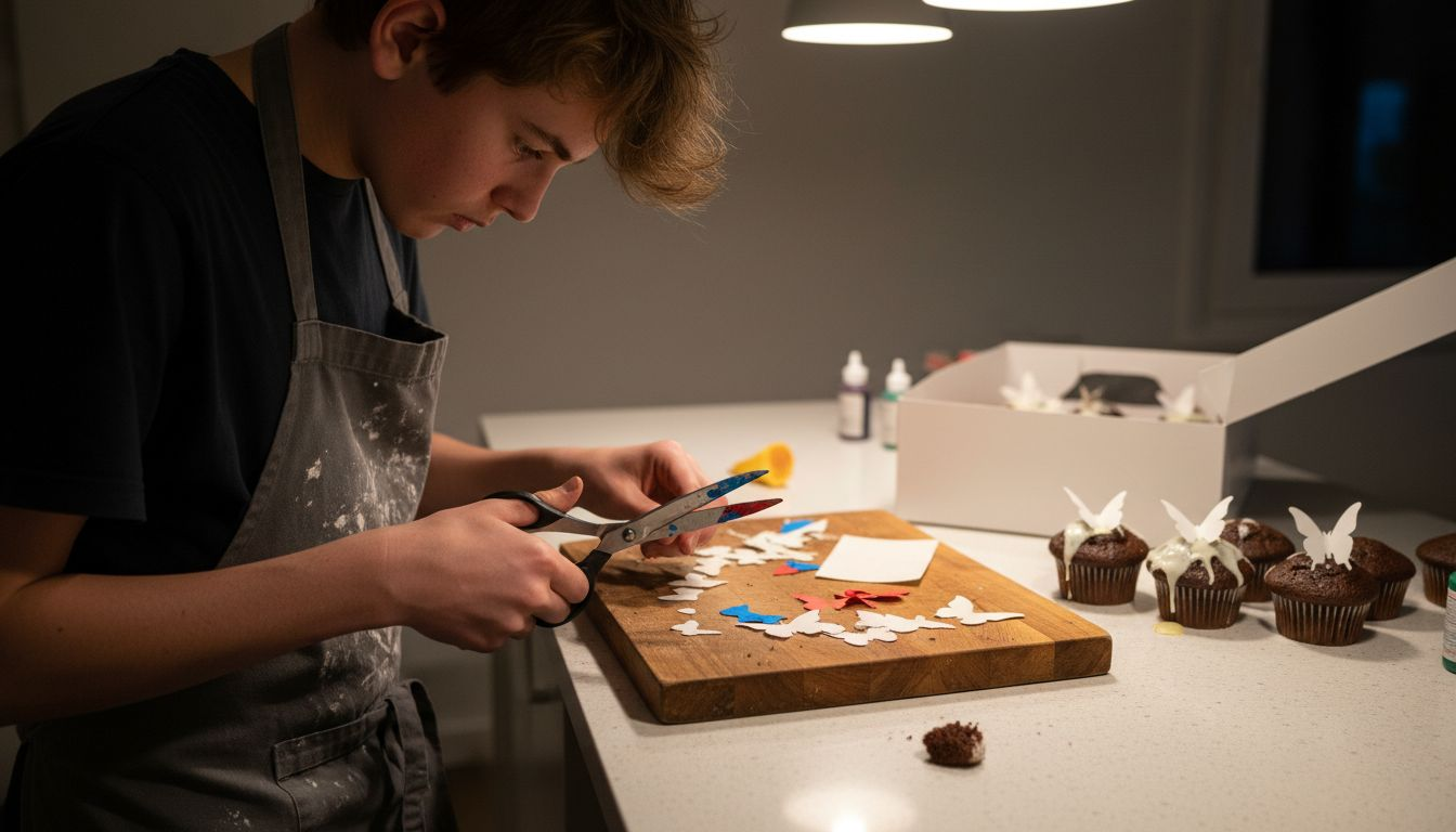 Uma jovem a preparar recortes de papel comestível para decorar cupcakes.