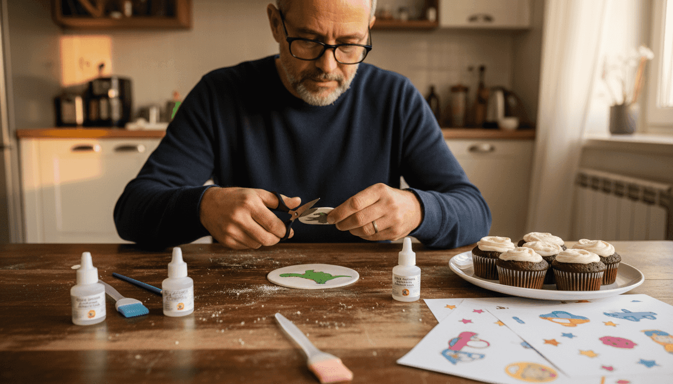 Pai a recortar papel decorativo para colocar nos cupcakes