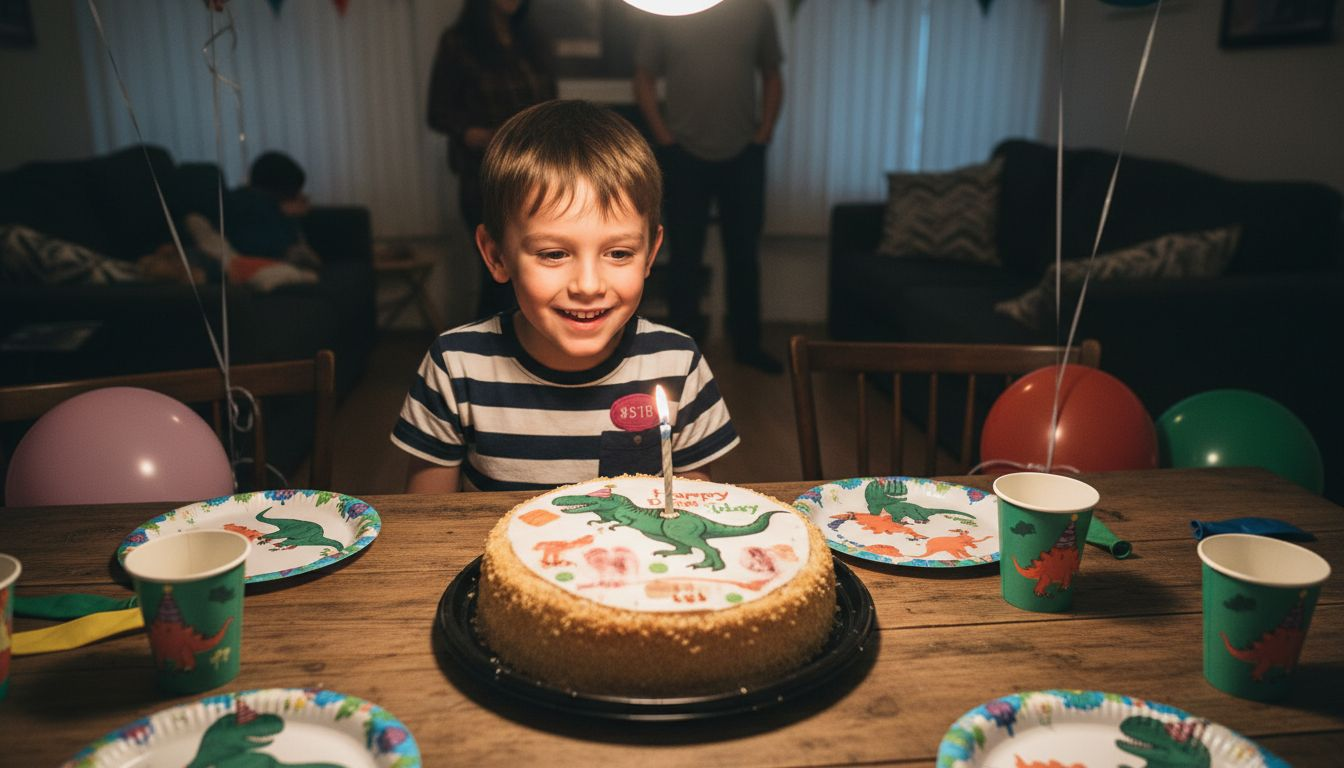 Un niño observa con ilusión una tarta decorada con una oblea personalizada.
