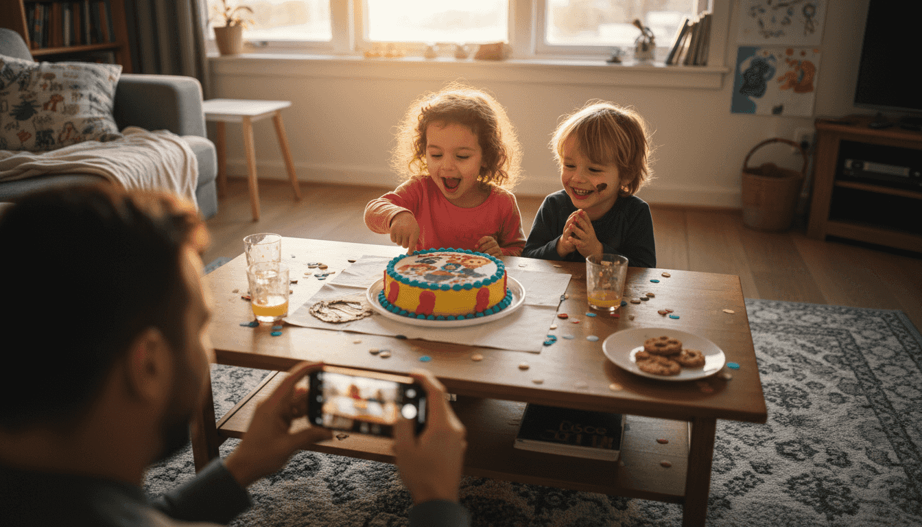 Un grupo de niños rodea la mesa, fascinados al ver la tarta decorada que será la protagonista de la fiesta.