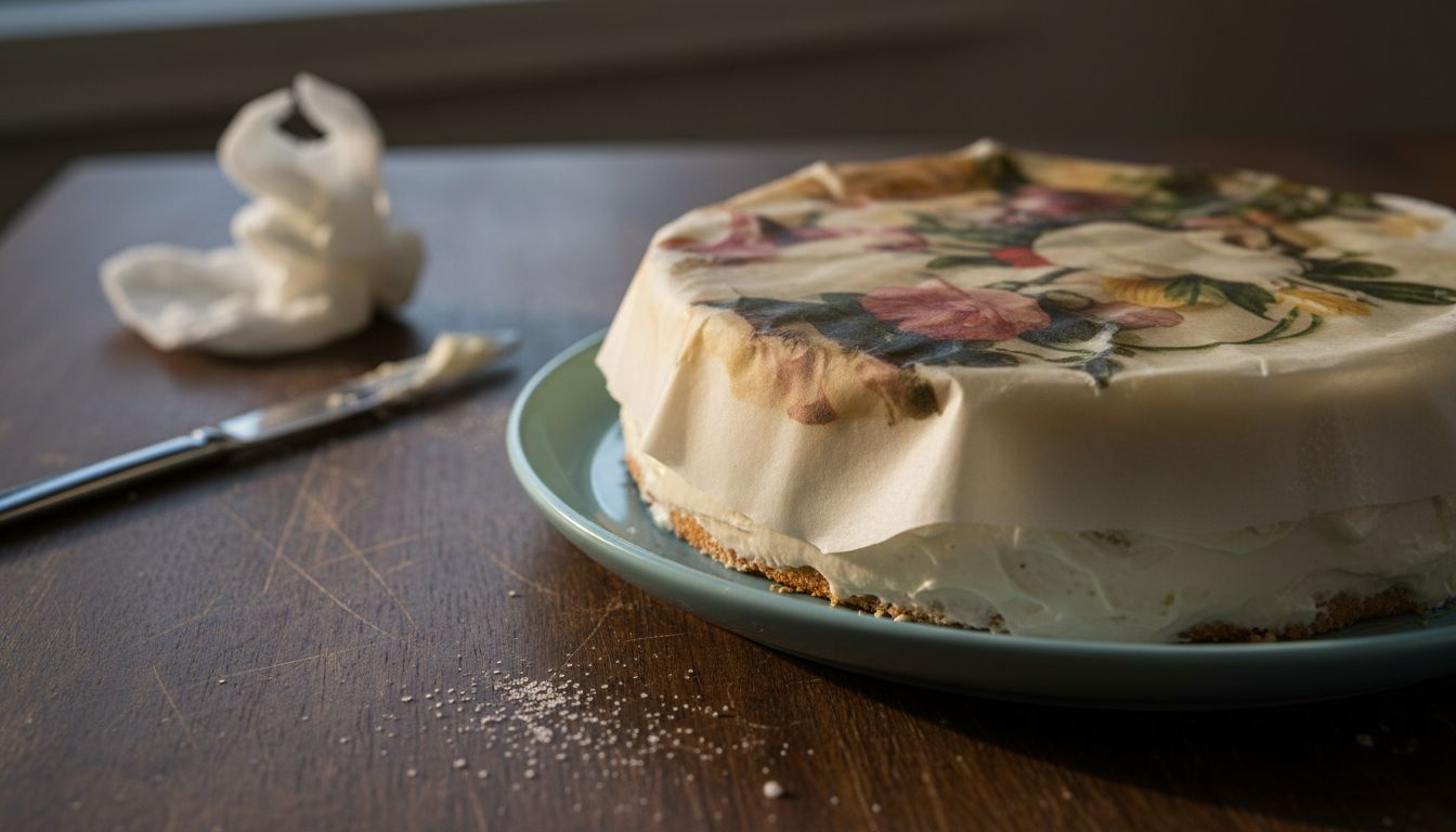 Bolo decorado com papel de arroz, a revelar uma textura húmida e apetecível.
