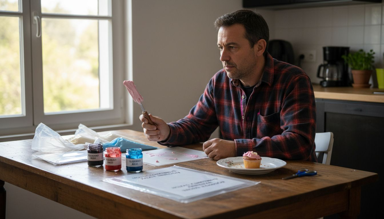 Hombre evaluando diferentes herramientas para decorar pasteles