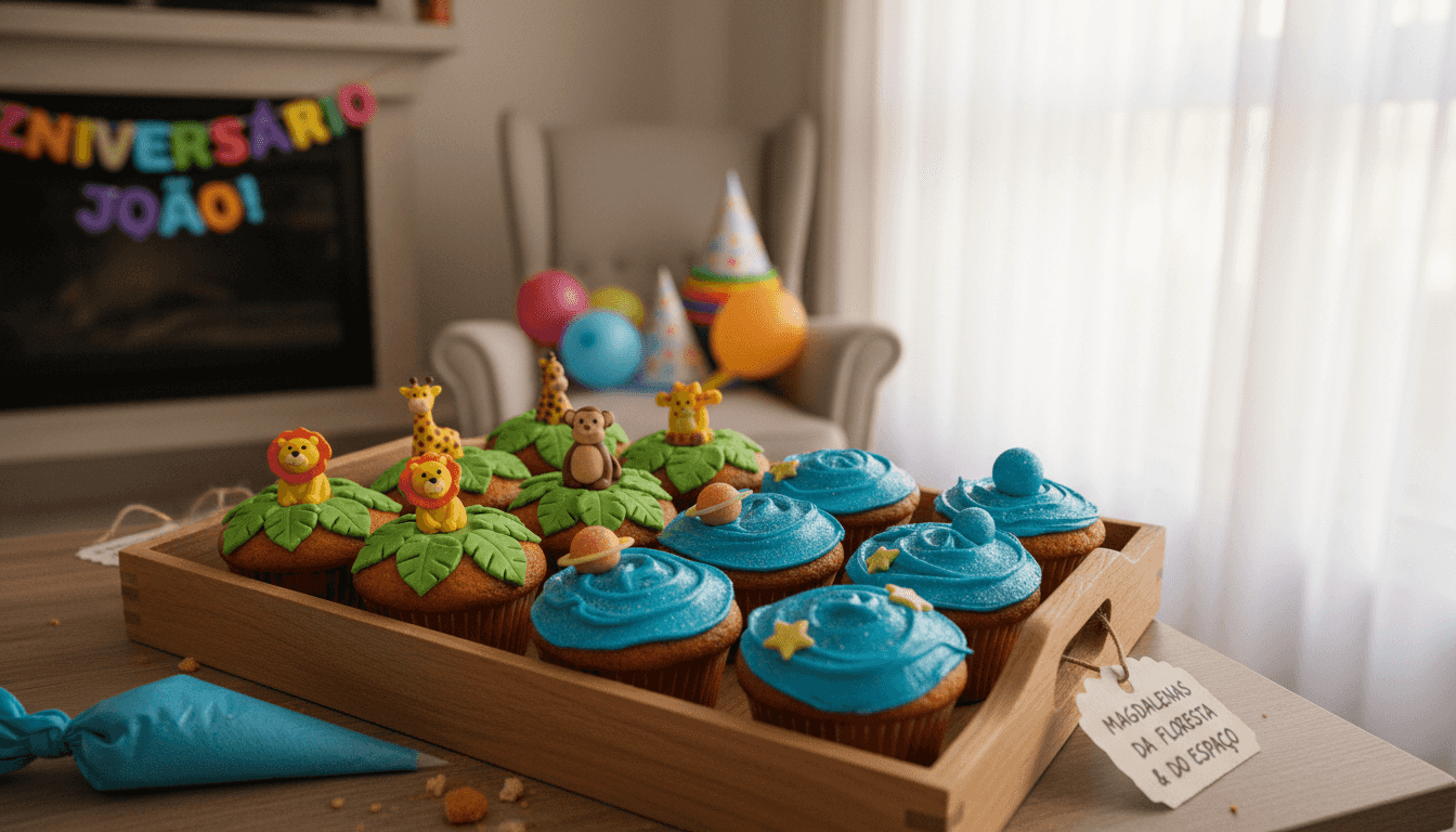 Queques decorados com temas da natureza e do espaço