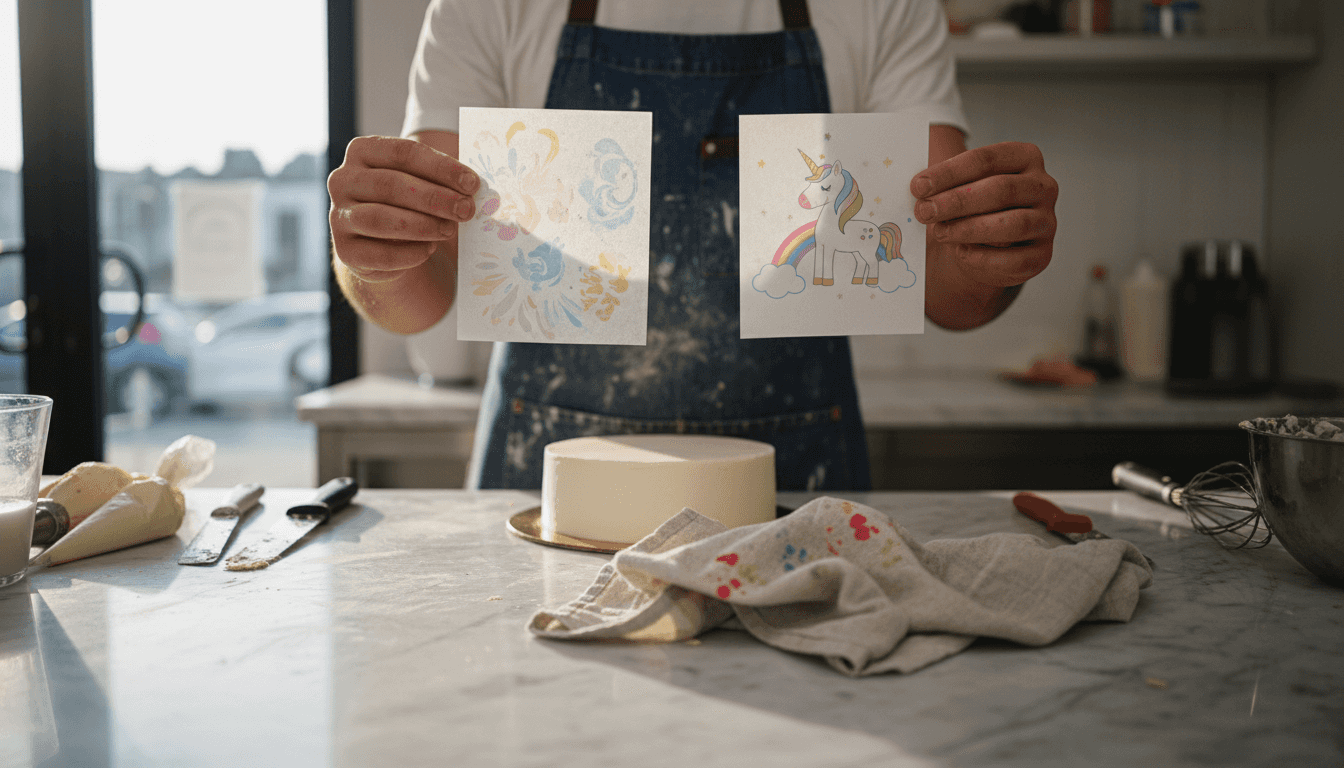 Pastry chef a apresentar duas variedades de papel comestível