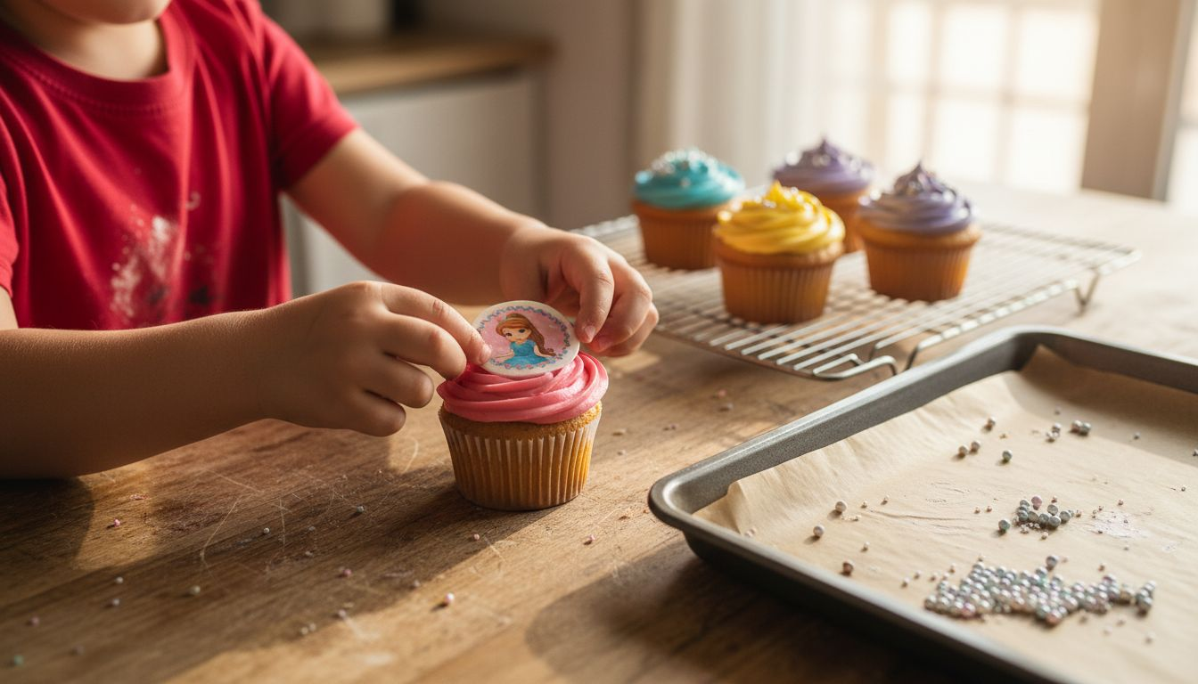Un niño decora una magdalena colocando una oblea encima