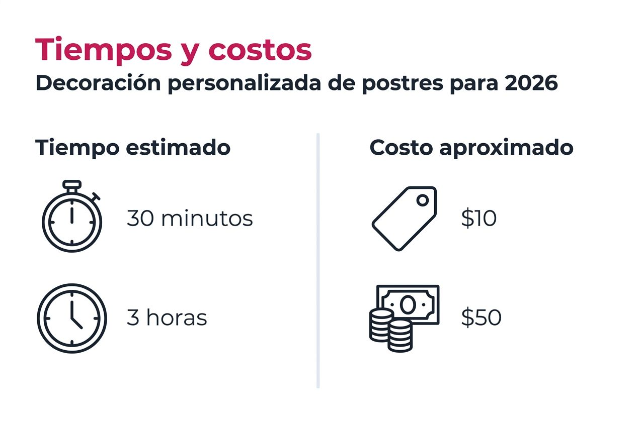 Guía visual sobre cuánto tiempo y dinero necesitas para decorar tus postres