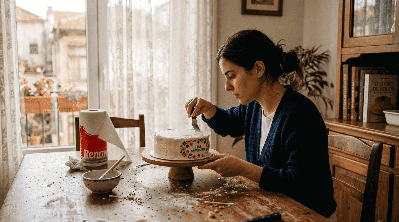 Alguém a colocar a foto comestível no topo do bolo, a ajustar para ficar perfeita.