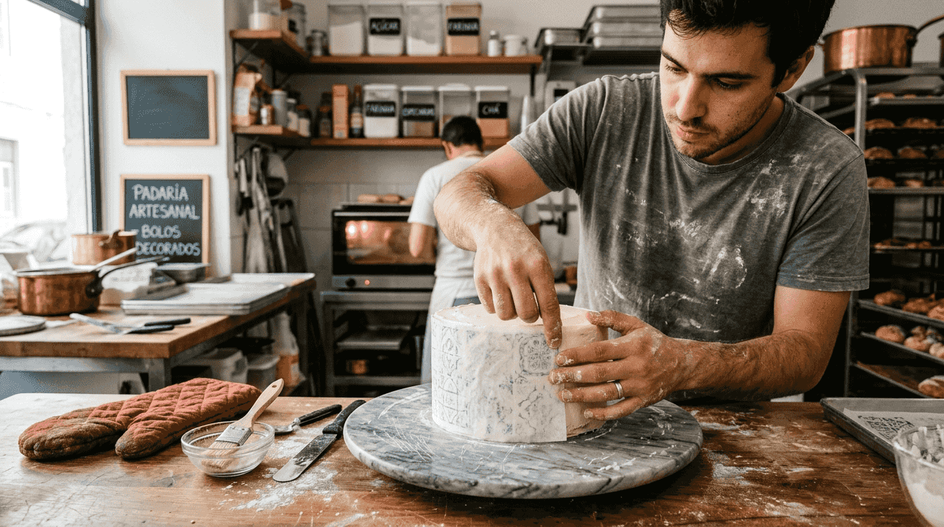 Padeiro a colocar folha de arroz sobre o bolo