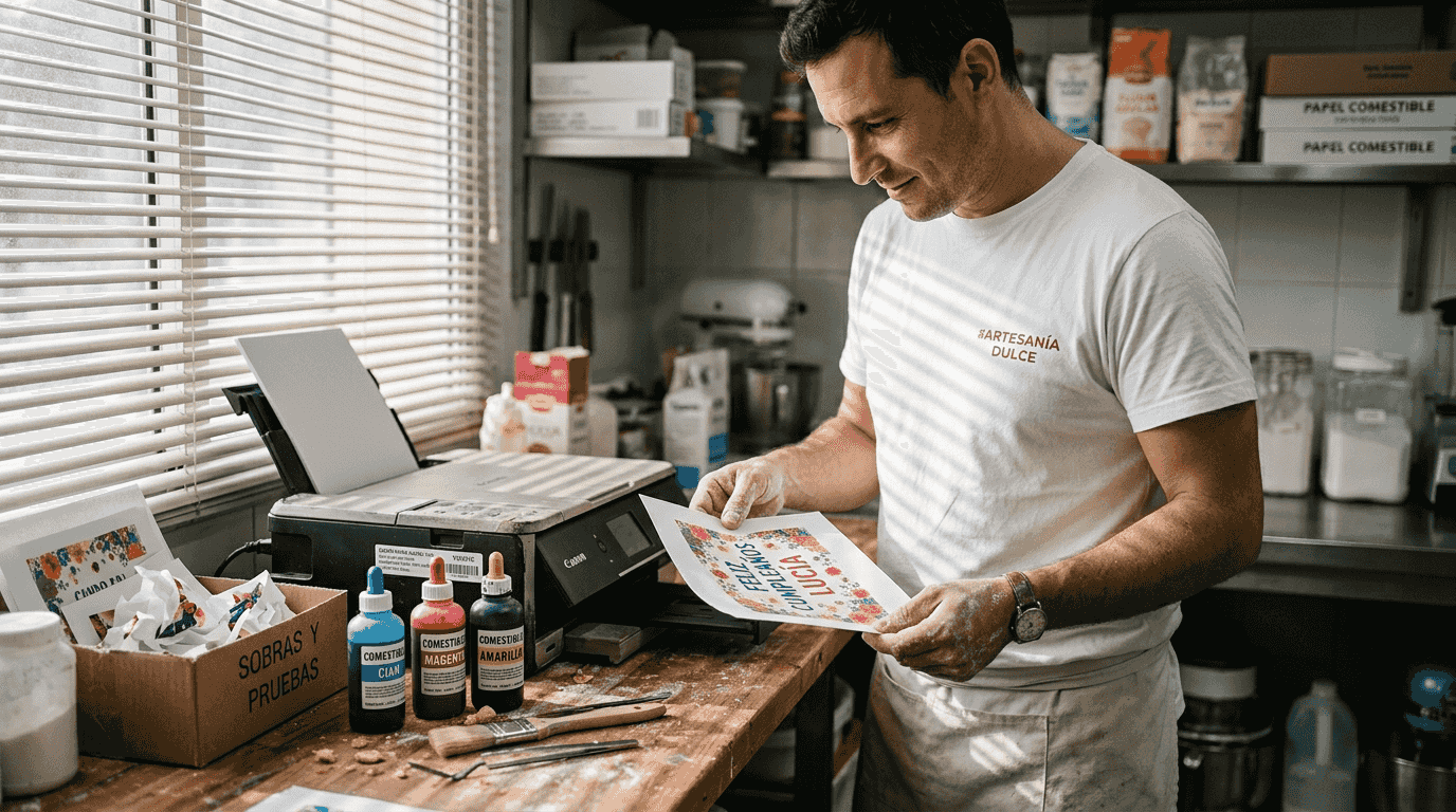 Repostero mostrando una impresión comestible con un diseño muy detallado