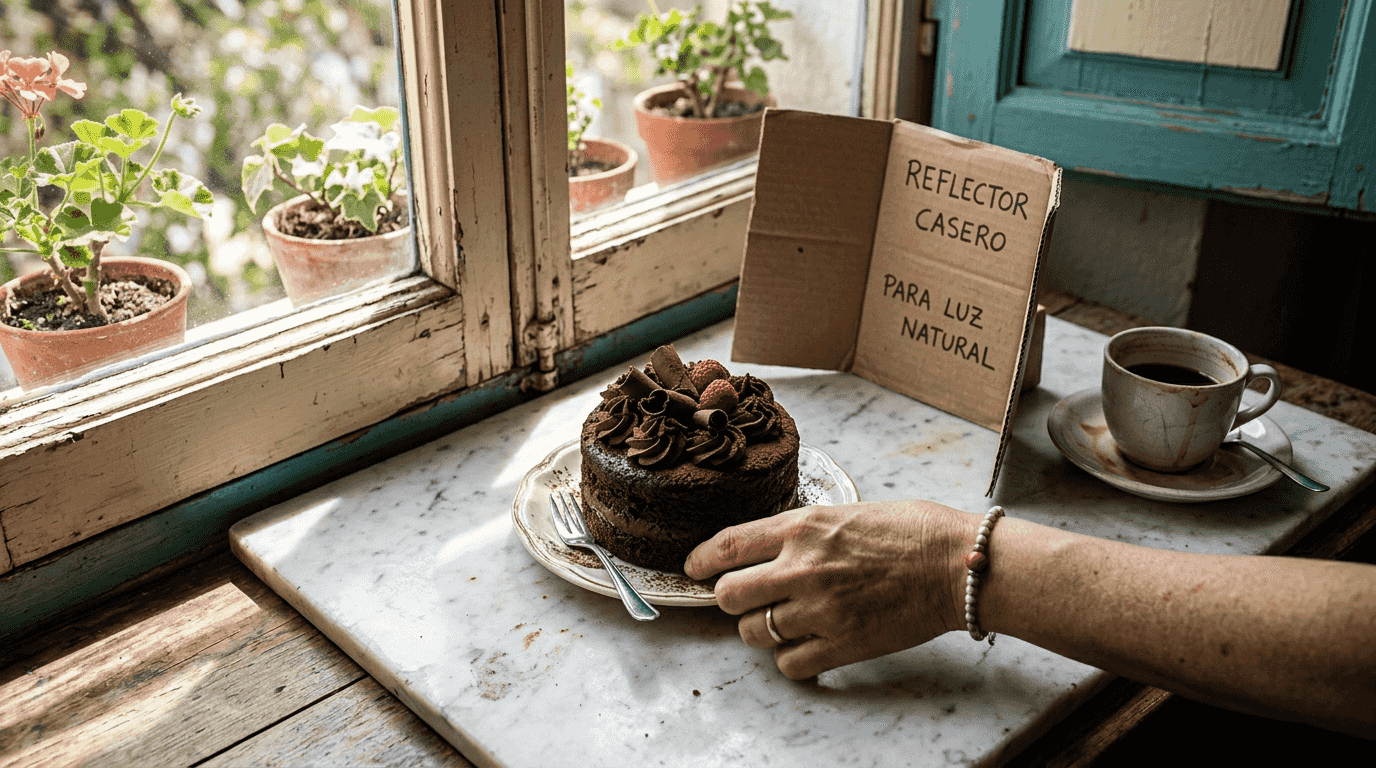Pastel colocado junto a una ventana, iluminado por la luz natural que entra de lado.