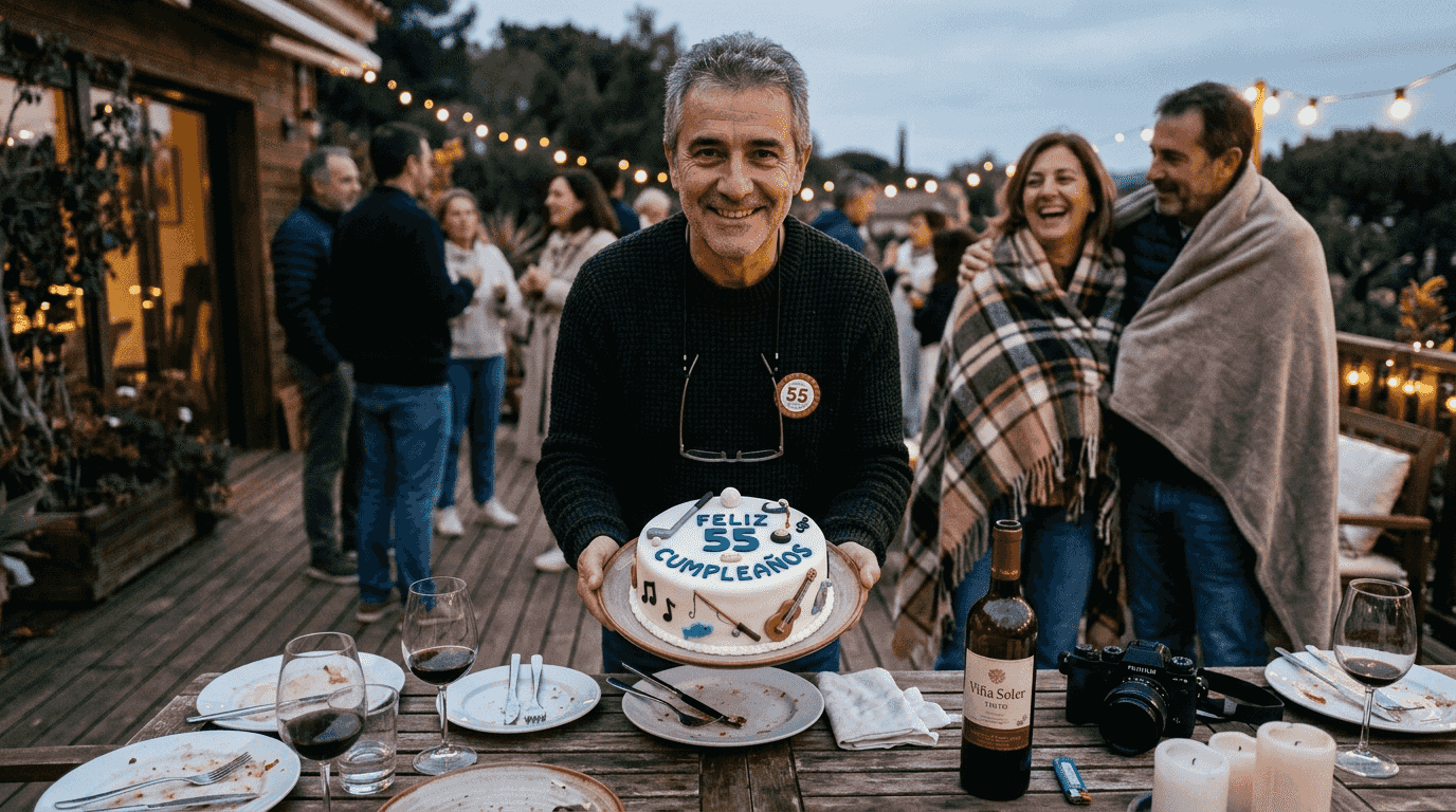 Un hombre muestra con orgullo una tarta personalizada durante una fiesta para adultos.