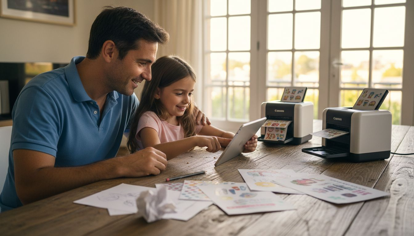 Pai e filha divertem-se a escolher os desenhos para as obleias