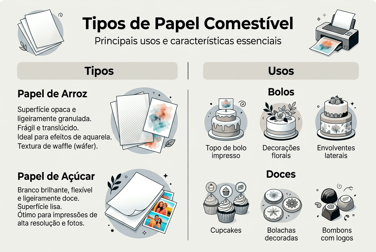 Infográfico: diferentes tipos de papel comestível e as suas aplicações