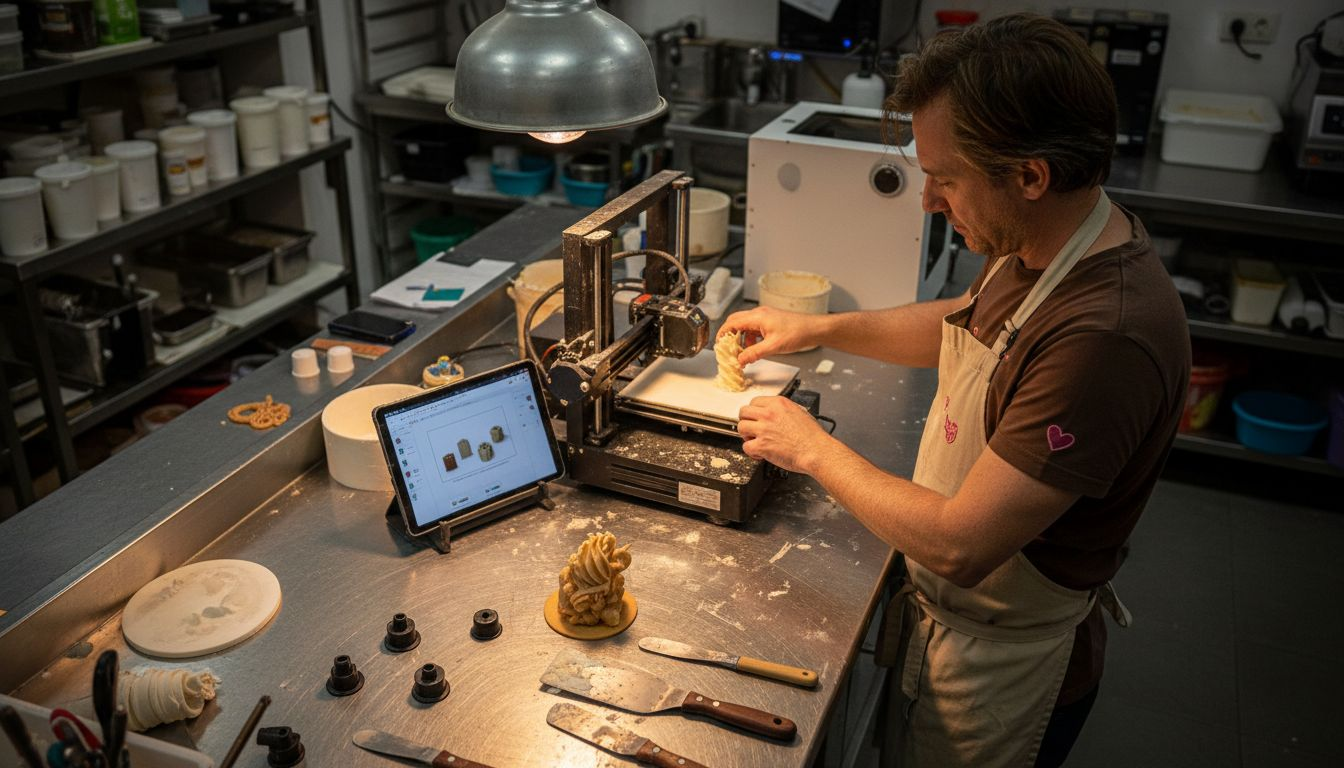 Repostero usando impresora 3D para pasteles