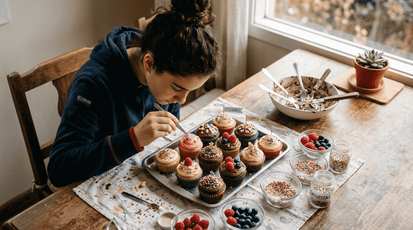Alguien decorando cupcakes con distintos toppings