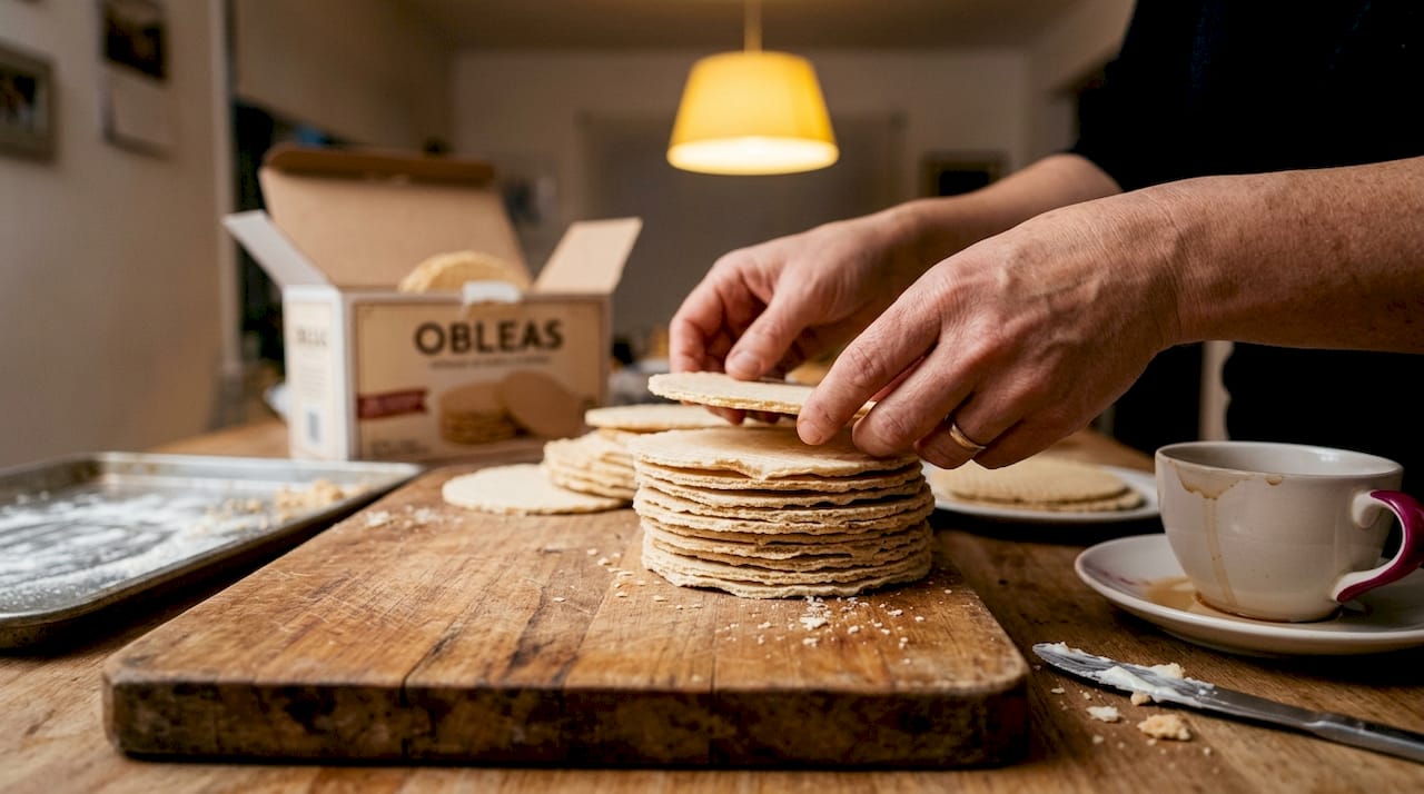 Unas manos sostienen obleas gruesas de repostería, listas para disfrutar.