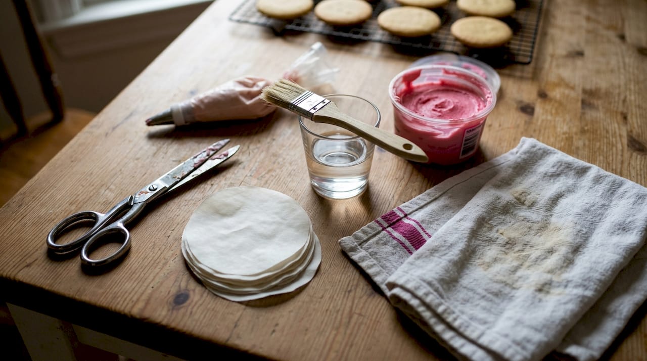 Mesa de cocina preparada con todo lo necesario para decorar obleas