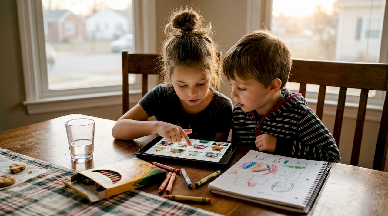 Niños eligiendo las imágenes que quieren para decorar su tarta de cumpleaños
