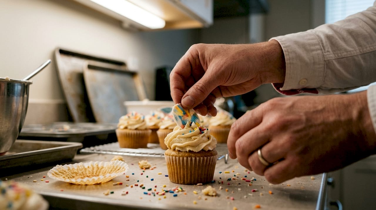 Unas manos colocando una oblea sobre un cupcake ya decorado