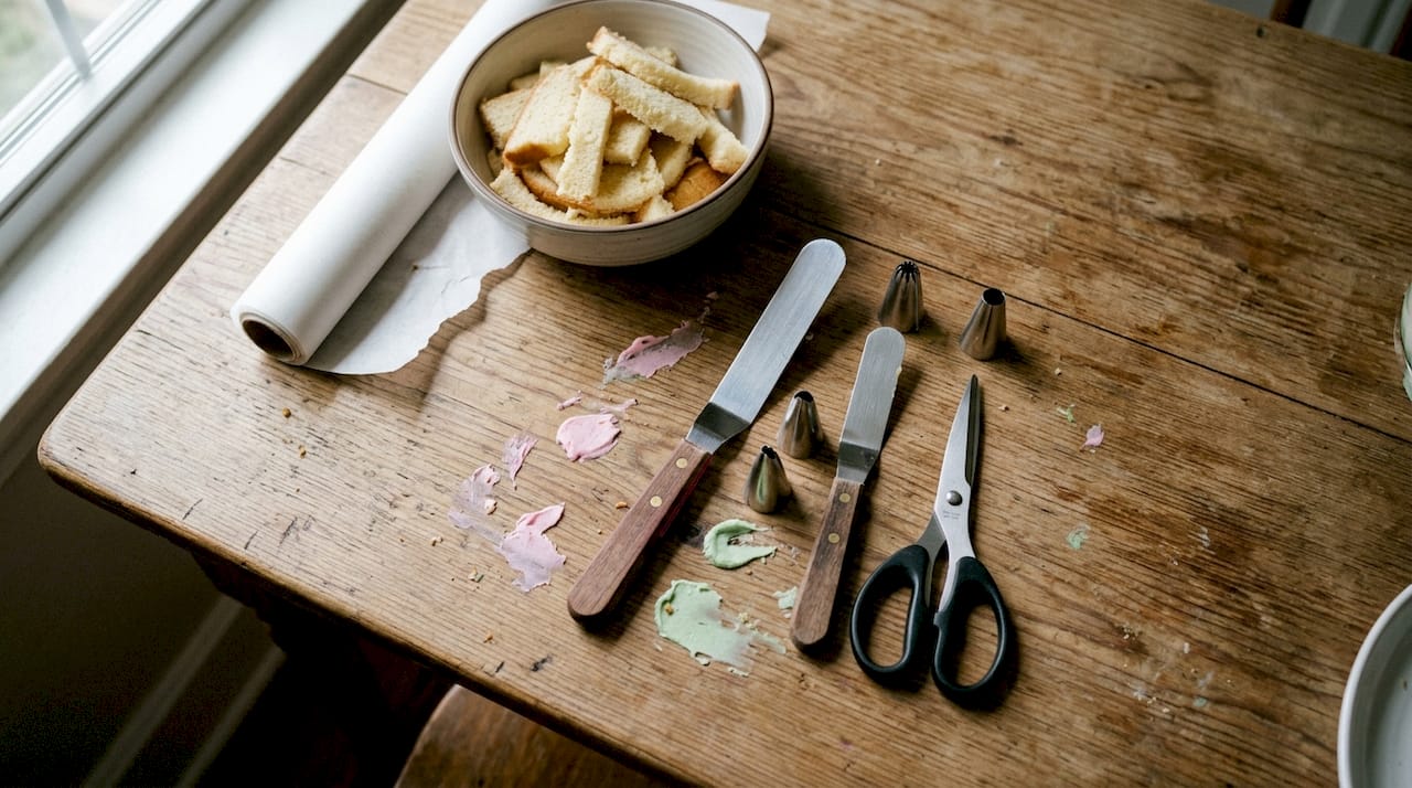 Utensilios para decorar pasteles sobre una mesa de madera