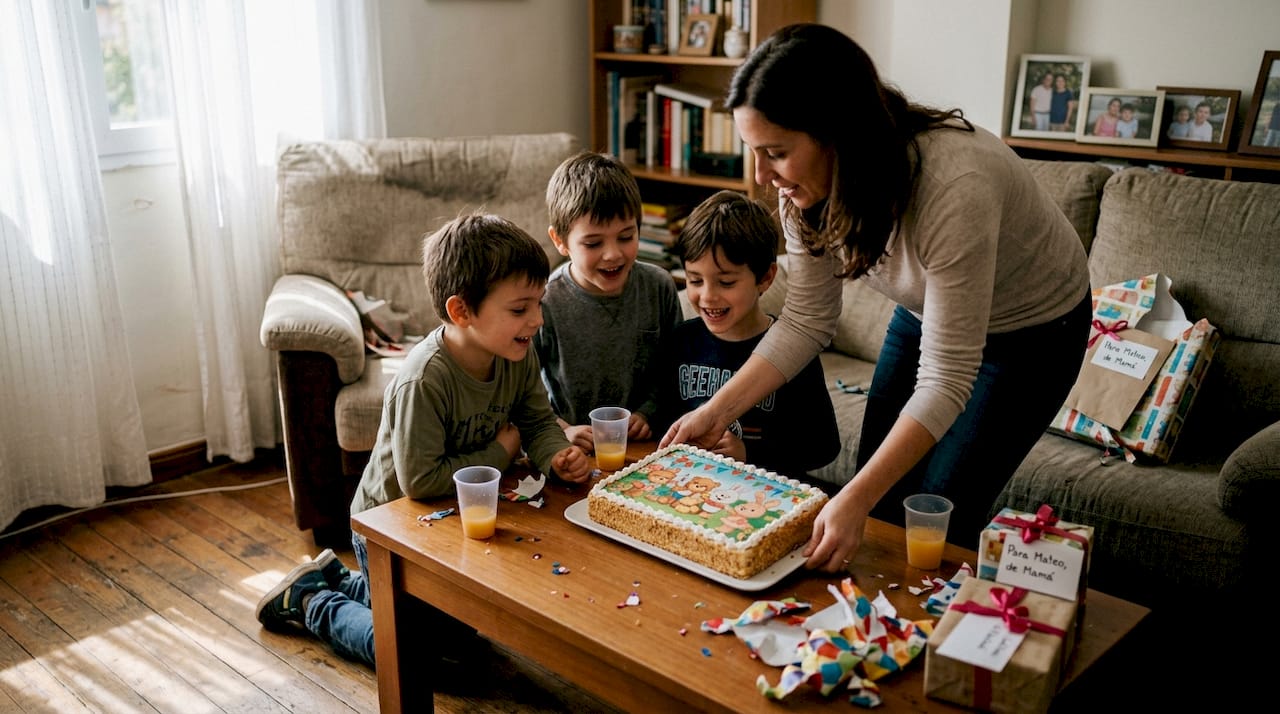 Unos niños contemplan con ilusión una tarta decorada con obleas de dibujos animados.