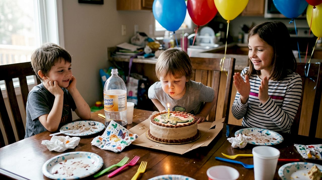 Un grupo de niños disfrutando y sonriendo alrededor de una tarta decorada especialmente para ellos.